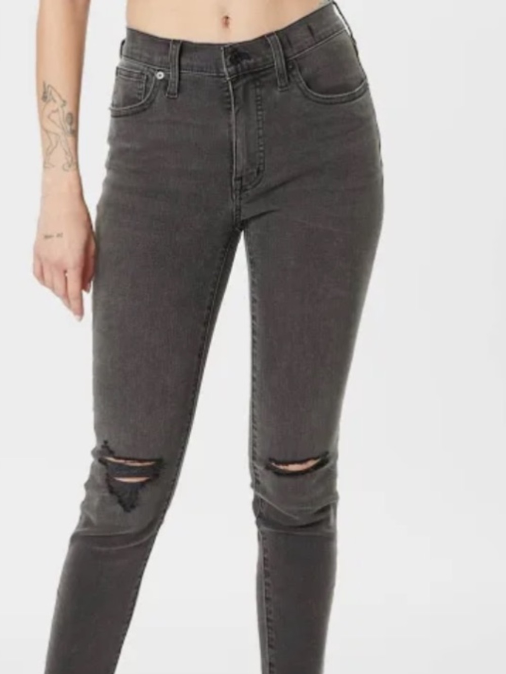 Madewell 9” Mid-Rise Skinny Jeans with ripped knees, dark gray wash size 26